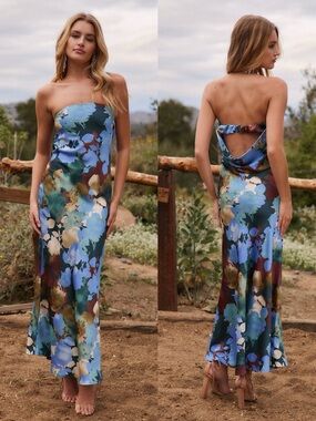 12th Tribe Natalia Blue Floral Printed Strapless Maxi Dress in Blue - Size L